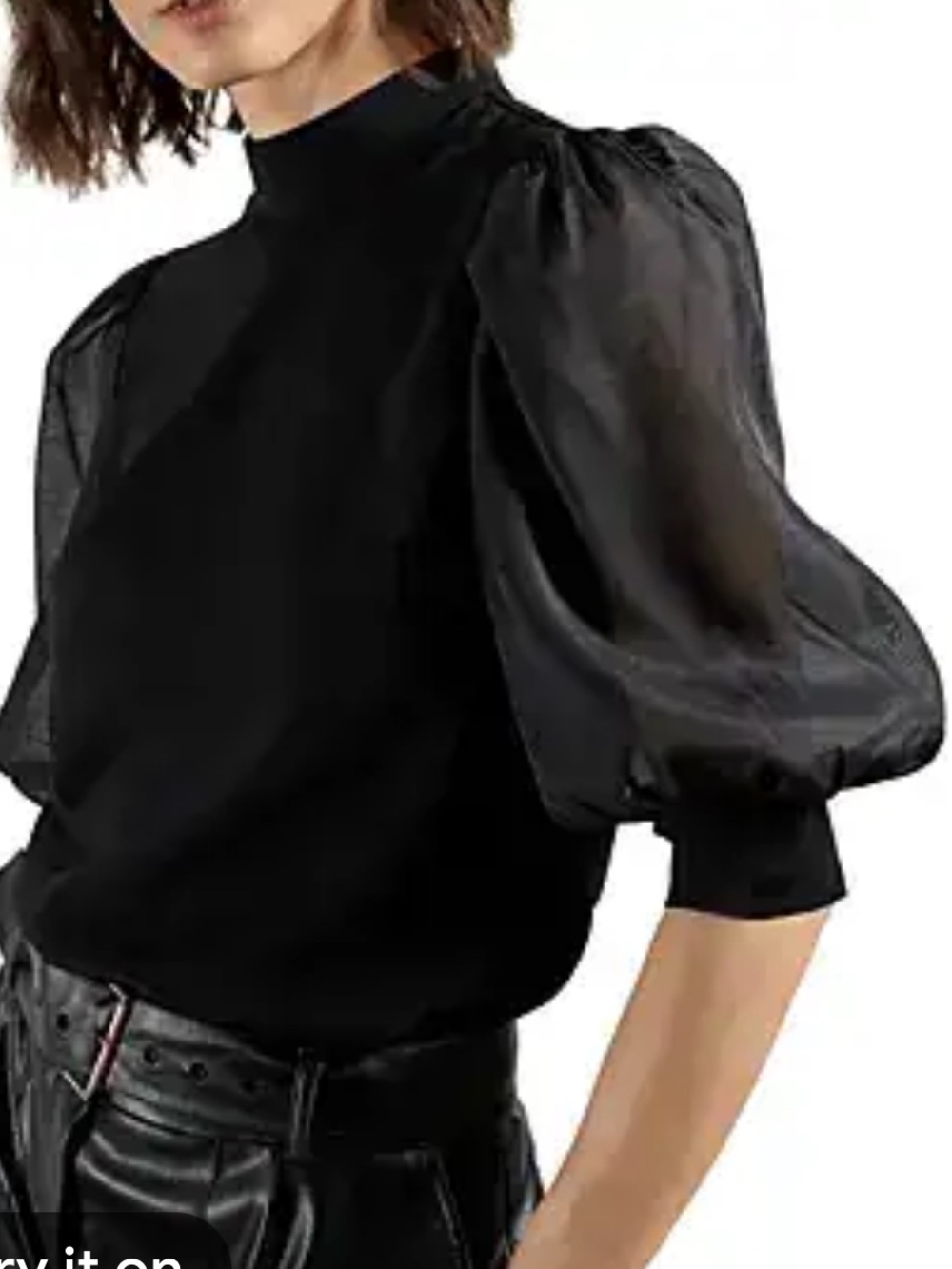 Ted Baker Micaeli Organza Black Sheer Puff-Sleeve Mock Neck Blouse Size1